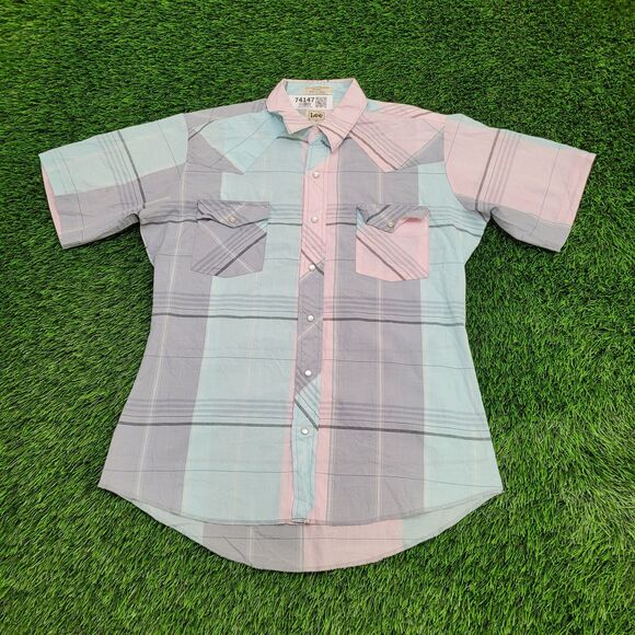 Vintage 70s LEE Snap Button Shirt S/M 20x29 Pastel Blue Pink - Picture 1 of 11